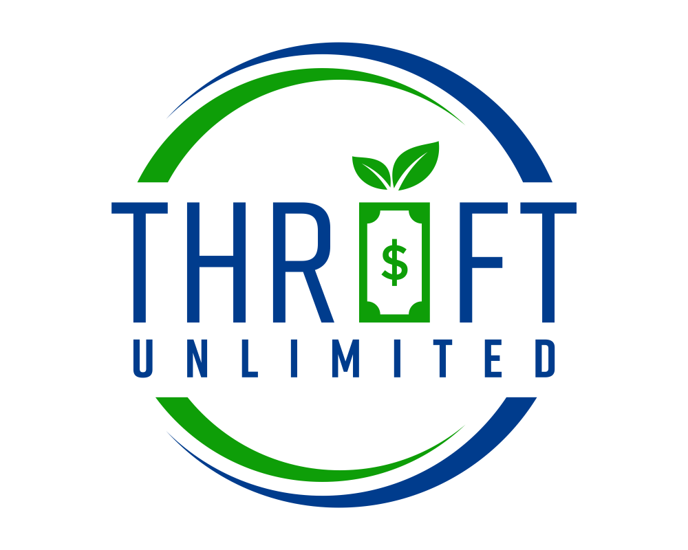 A green and blue logo for thrift unlimited.