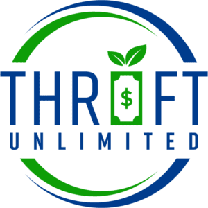 A green and blue logo for thrift unlimited.
