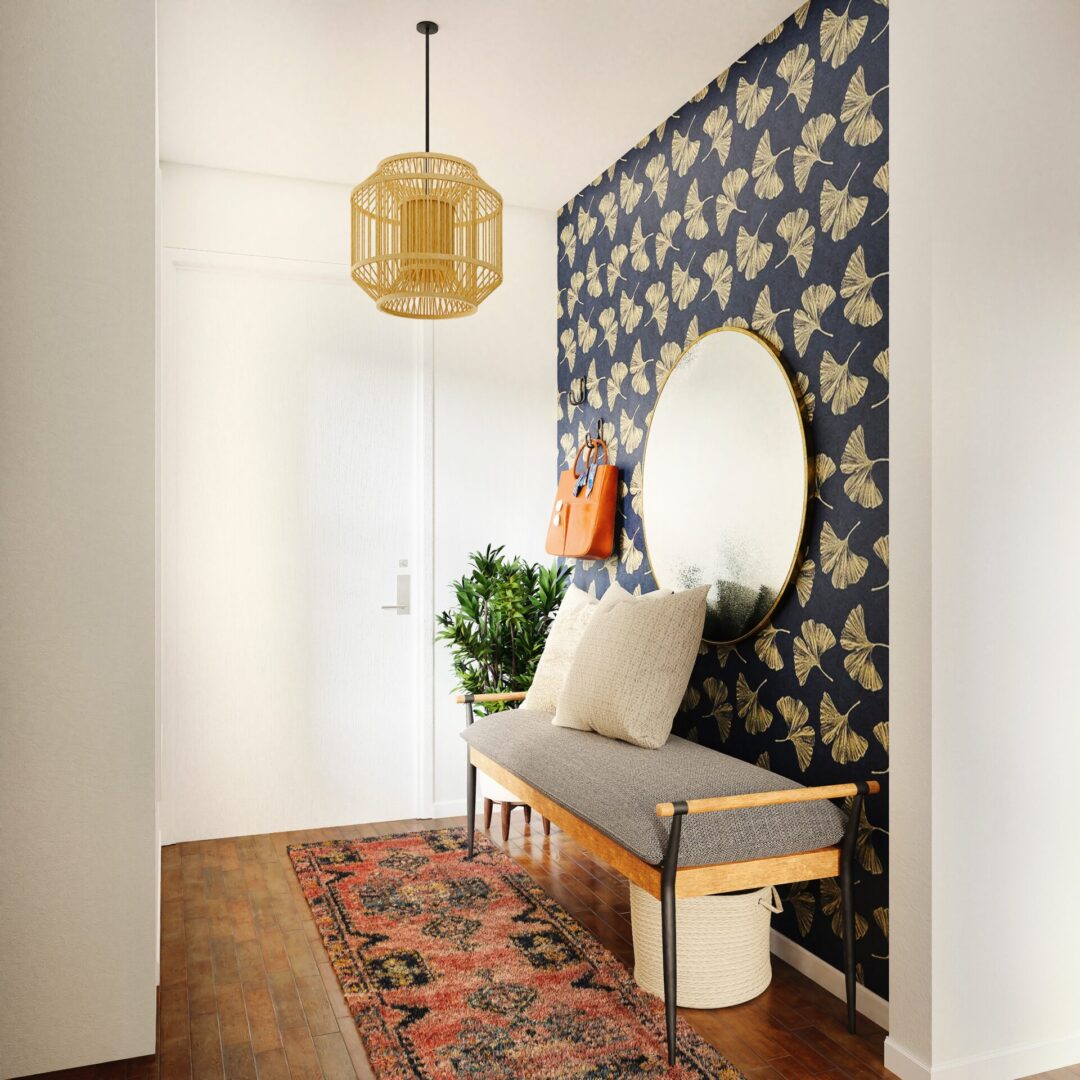 A hallway with a large mirror and a bench.